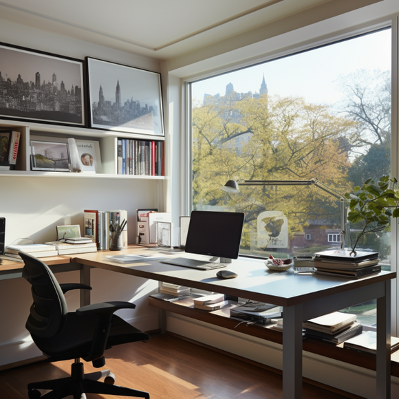 Büro mit großem Fenster. Bürostuhl, Tisch und  PC Bildschirm zu sehen.